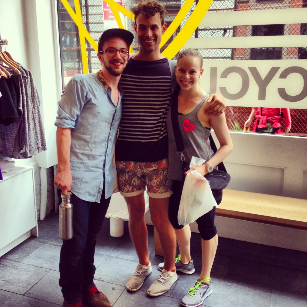 Hubbard Street 2 alumni Johnny McMillan and Justin Ronald Mock with HS2 dancer Lissa Smith, at Soul Cycle. Photo courtesy of Lissa Smith.