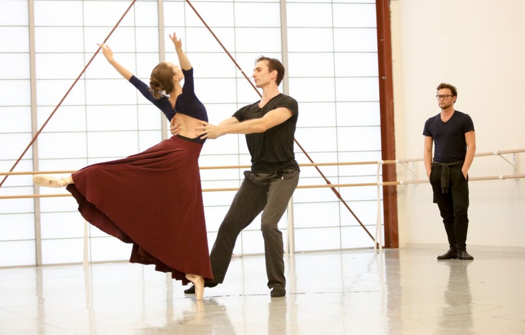 Alessa Rogers and Christian Clark in Liam Scarlett's rehearsal of "Vesperine." Photo courtesy of Atlanta Ballet.